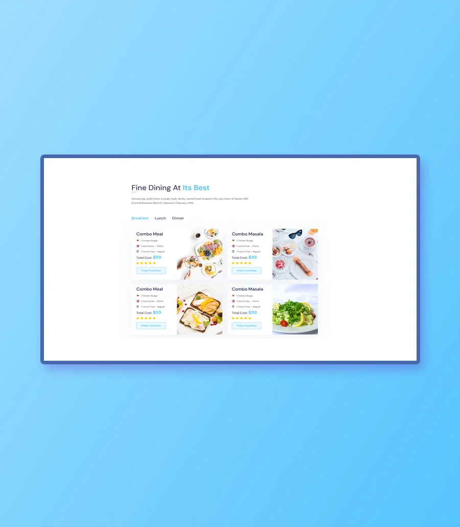 酒店预订Gutenberg网站模板_一键导入快速建站插图12-WP资源海 HotelHut Food Menu Section For Gutenberg