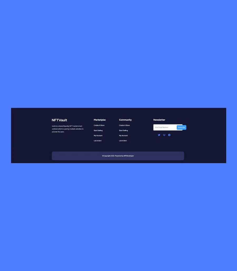 NFT项目Gutenberg网站模板_一键导入快速建站插图9-WP资源海 NFTVault Footer Section For Gutenberg