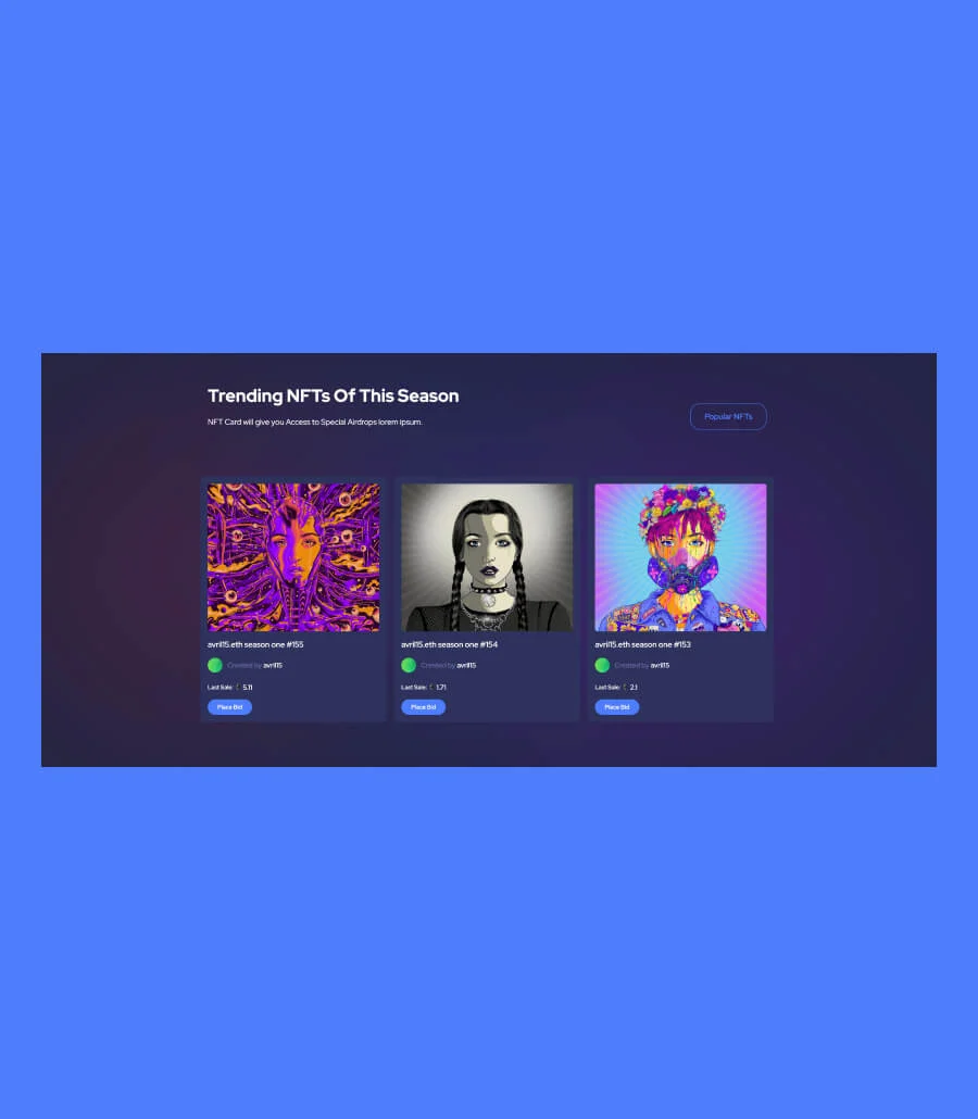 NFT项目Gutenberg网站模板_一键导入快速建站插图7-WP资源海 NFTVault Trending Items Section For Gutenberg