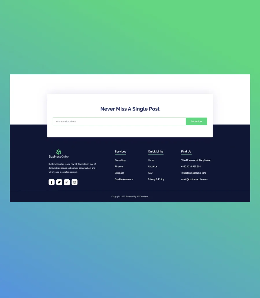 商业咨询Gutenberg网站模板_一键导入快速建站插图11-WP资源海 BusinessCube Footer Section For Gutenberg