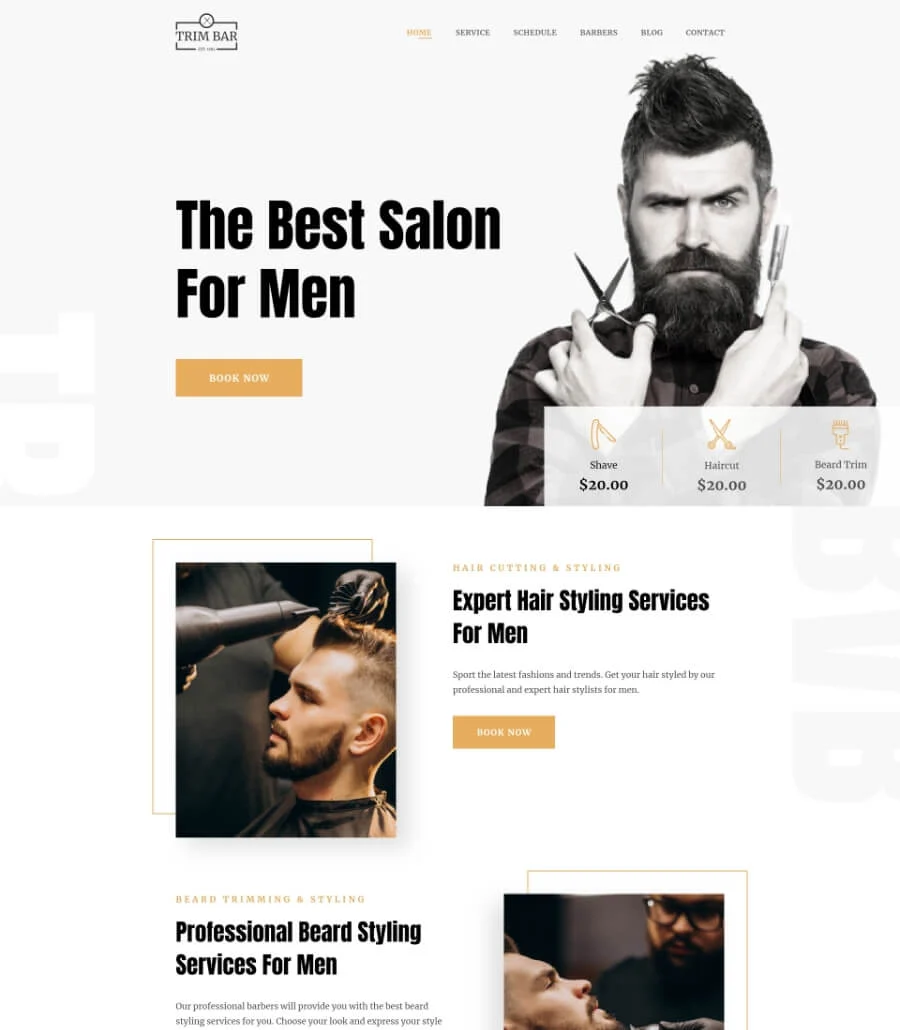 理发店Elementor网站模板_一键导入快速建站插图1-WP资源海 Trim Bar Home Page