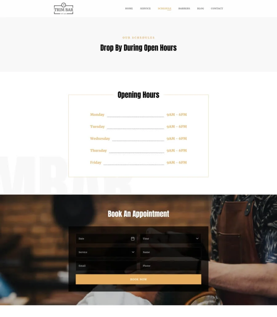 理发店Elementor网站模板_一键导入快速建站插图6-WP资源海 Trim Bar Schedule Page