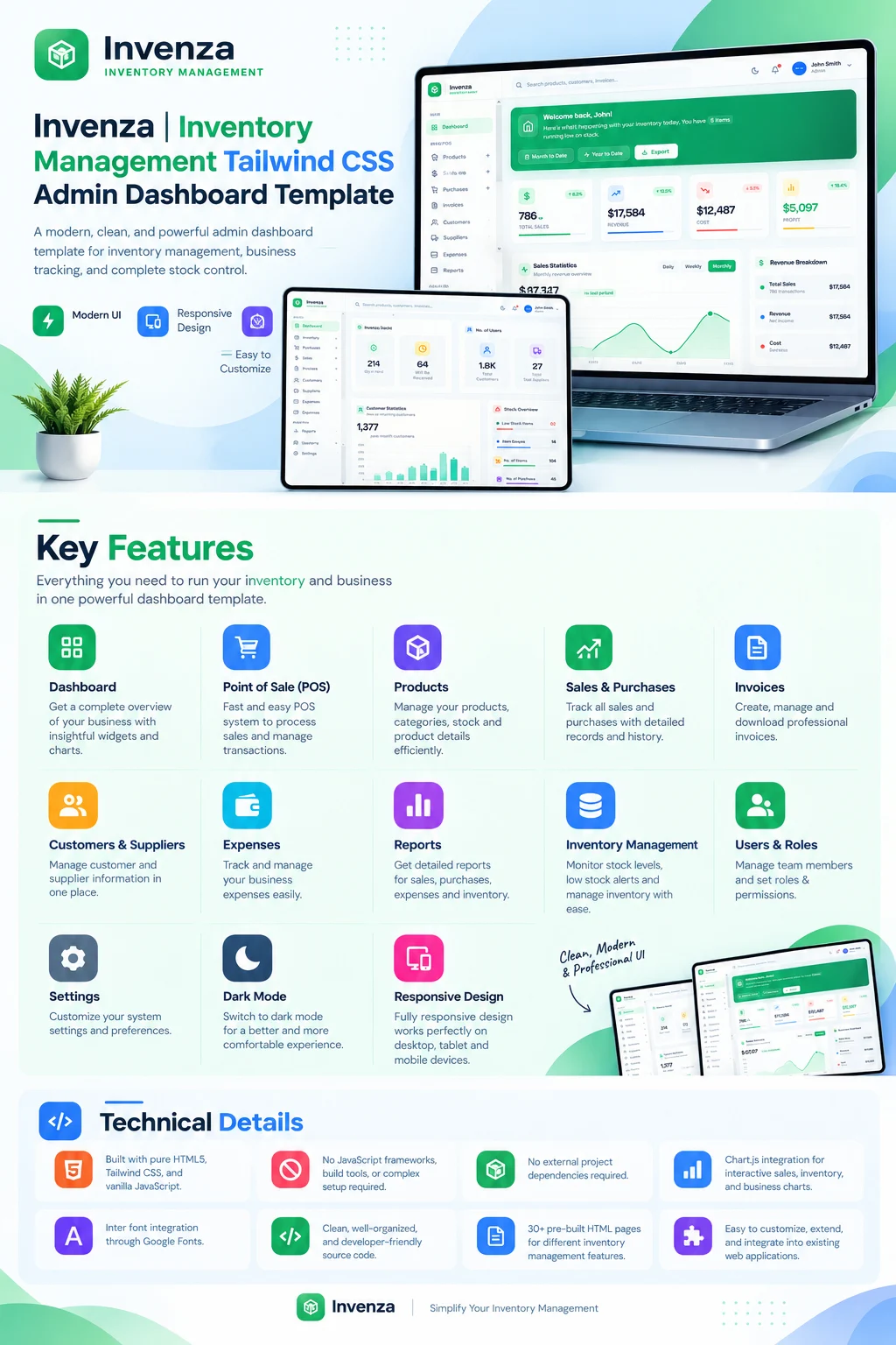 Invenza 库存管理仪表板 HTML 模板插图-WP资源海 Invenza | Inventory Management Tailwind CSS Admin Dashboard Template - 1