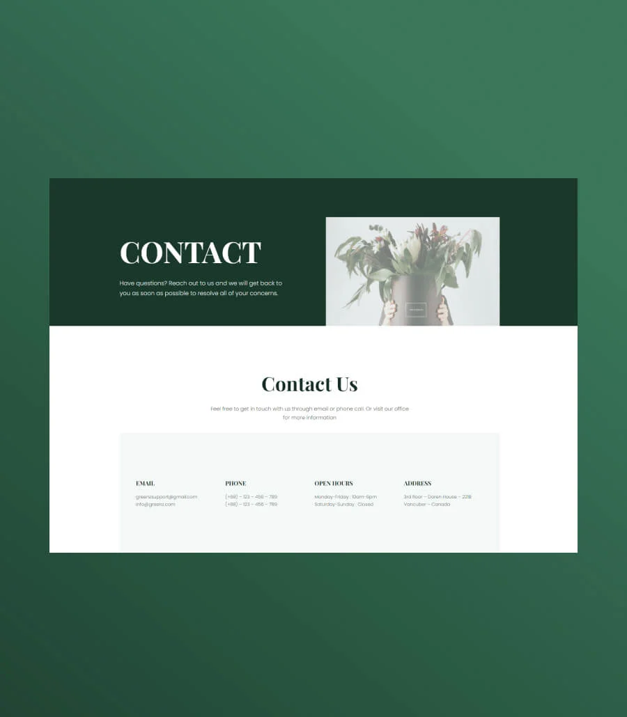 植物商店Gutenberg网站模板_一键导入快速建站插图6-WP资源海 Greenzone Contact Info Section For Gutenberg