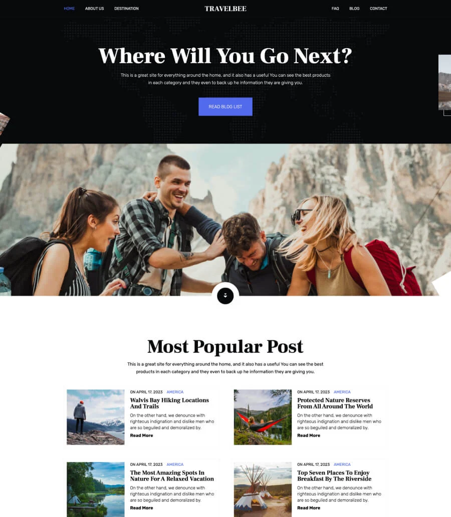 旅行博客Gutenberg网站模板_一键导入快速建站插图1-WP资源海 TravelBee Landing Page For Gutenberg