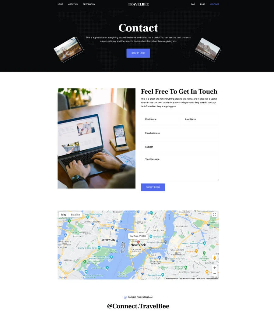 旅行博客Gutenberg网站模板_一键导入快速建站插图3-WP资源海 TravelBee Contact Us Page For Gutenberg