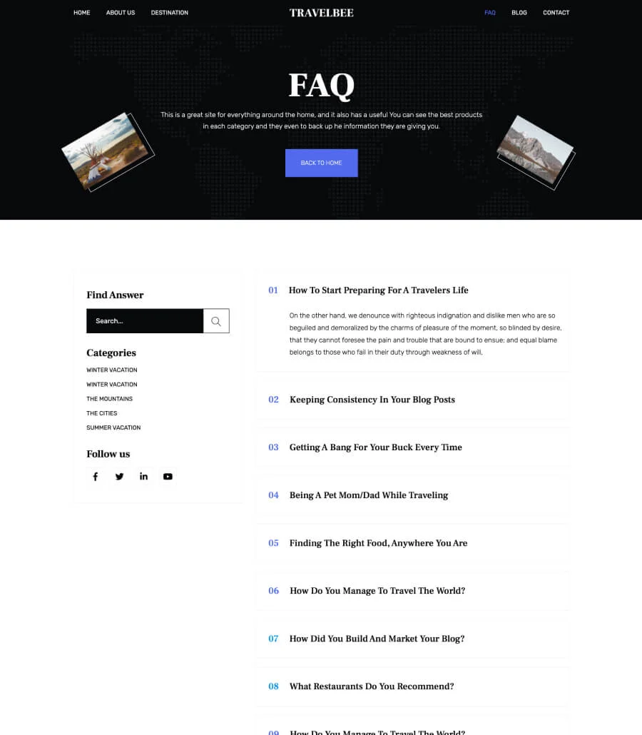 旅行博客Gutenberg网站模板_一键导入快速建站插图6-WP资源海 TravelBee FAQ Page For Gutenberg