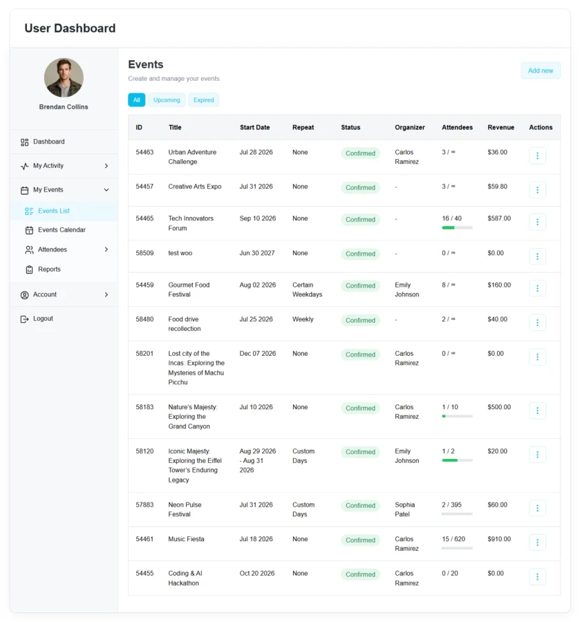 Modern Events Calendar (MEC) User Dashboard 活动管理面板 WordPress 插件插图4-WP资源海 MEC user dashboard screenshot 5