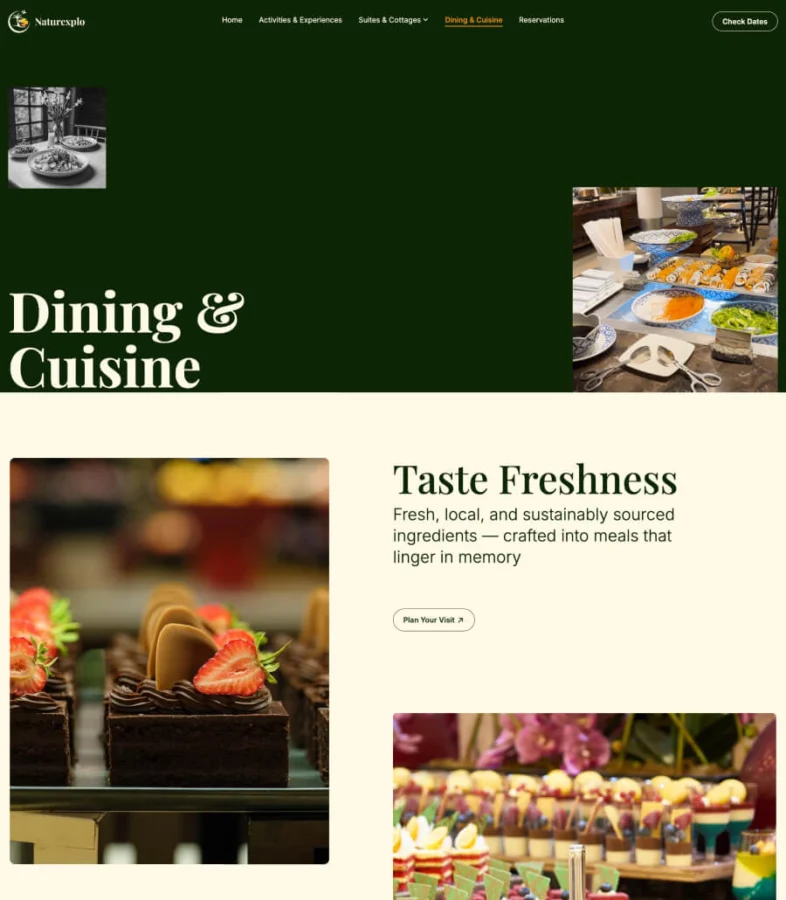生态旅游Gutenberg网站模板_一键导入快速建站插图3-WP资源海 Naturexplo Dining & Cuisine Page for Gutenberg