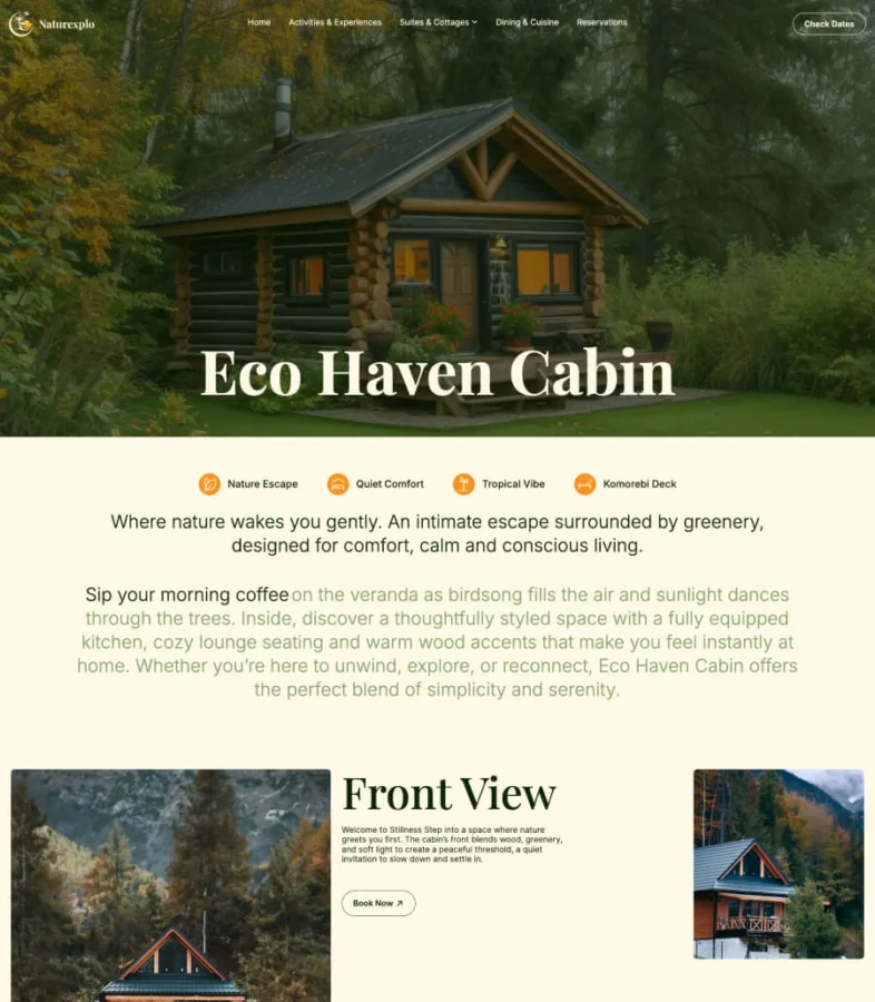 生态旅游Gutenberg网站模板_一键导入快速建站插图4-WP资源海 Naturexplo Cottages Single Page for Gutenberg