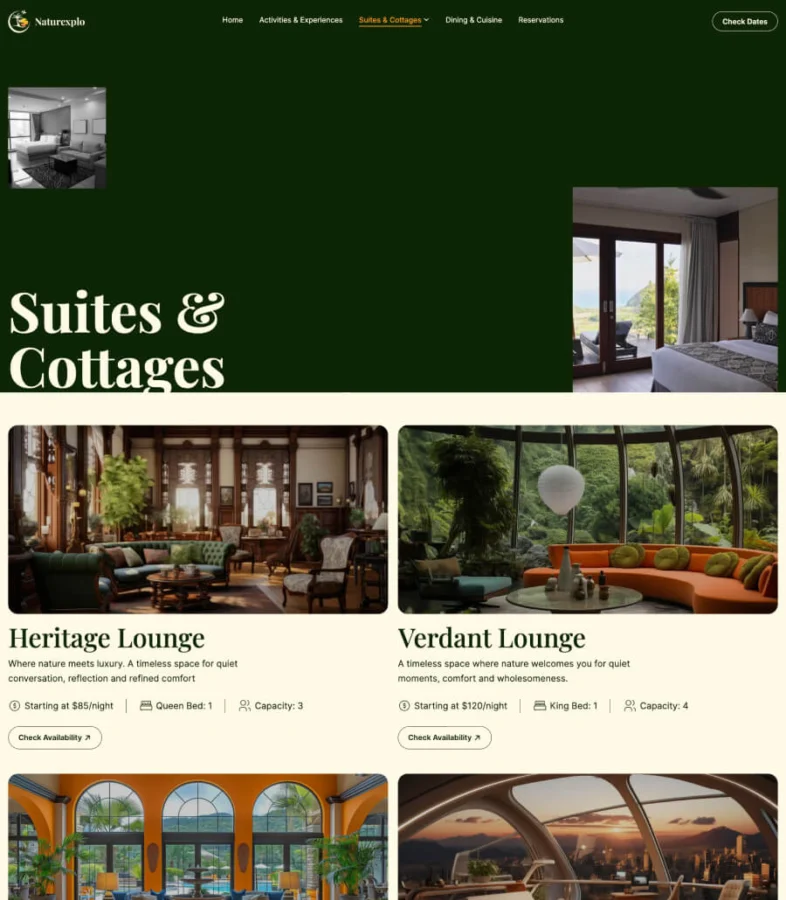 生态旅游Gutenberg网站模板_一键导入快速建站插图5-WP资源海 Naturexplo Suites & Cottages Page for Gutenberg