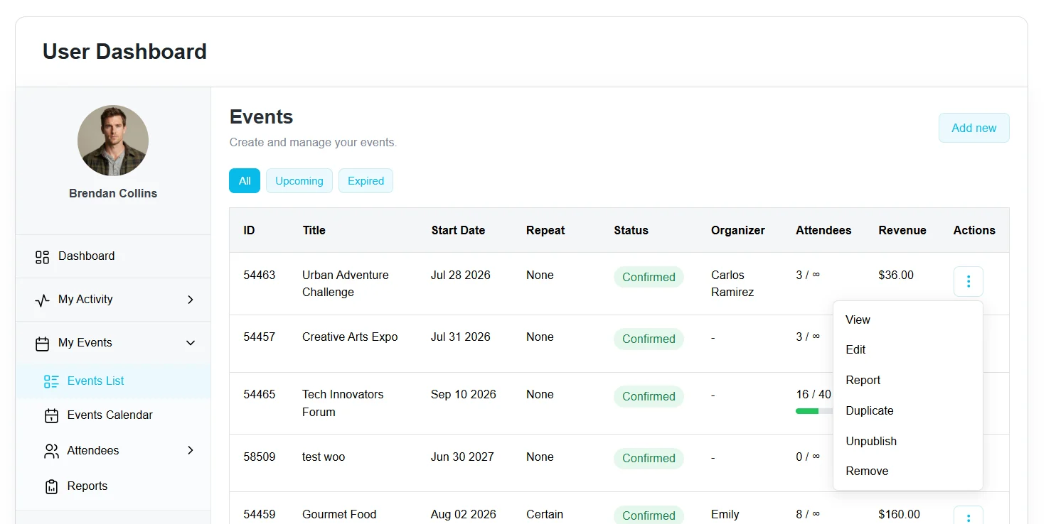 Modern Events Calendar (MEC) User Dashboard 活动管理面板 WordPress 插件插图5-WP资源海 MEC user dashboard screenshot 6