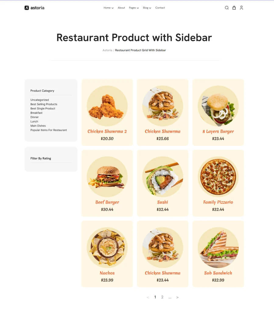 多用途Gutenberg网站模板_一键导入快速建站插图6-WP资源海 Astoria Restaurant Product Grid Page with Sidebar for Gutenberg