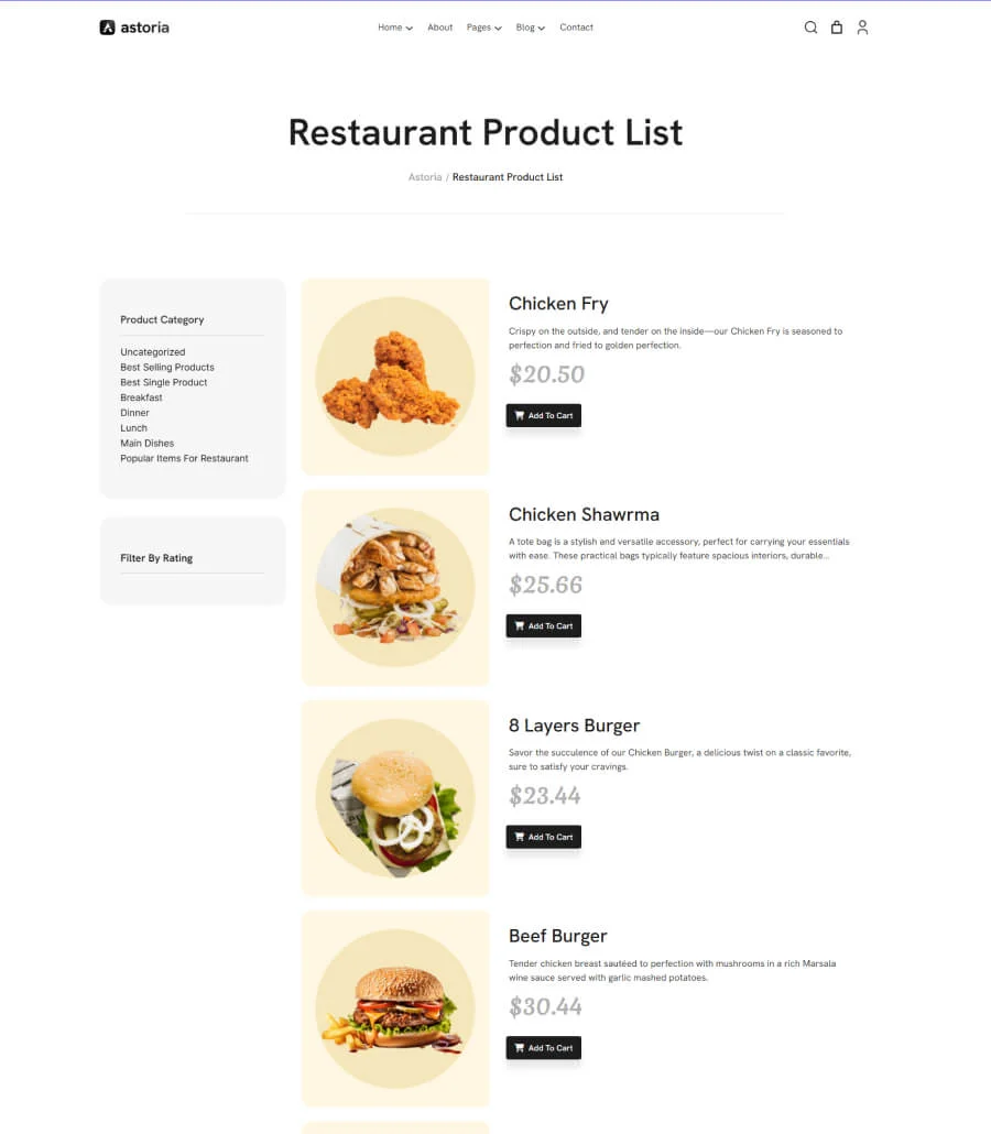 多用途Gutenberg网站模板_一键导入快速建站插图8-WP资源海 Astoria Restaurant Product List Page for Gutenberg