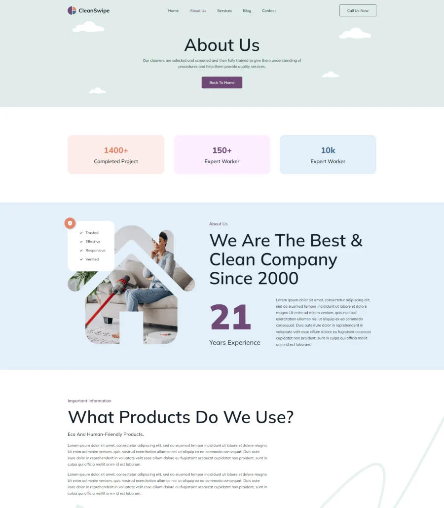 CleanSwipe About Us Page For Gutenberg