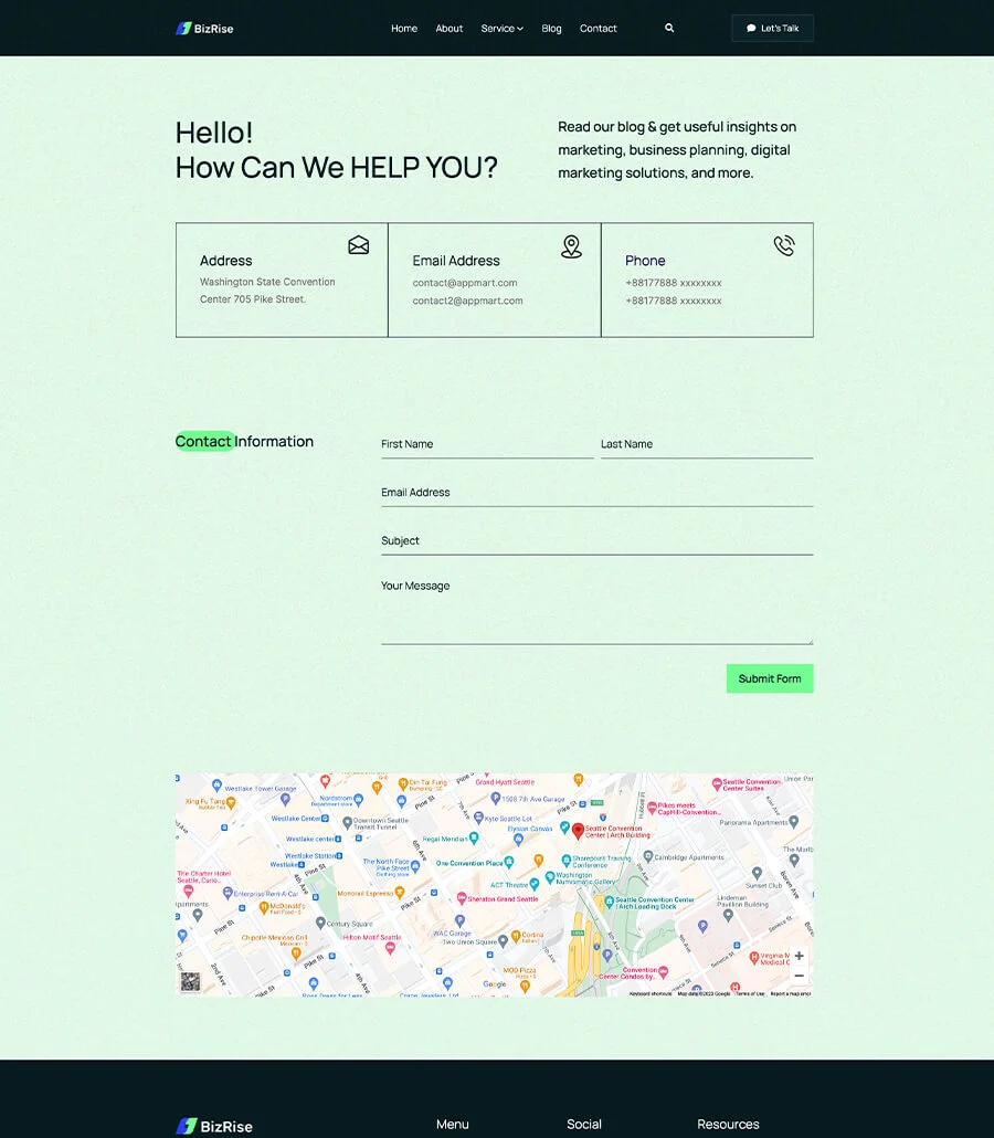多用途机构Elementor网站模板_一键导入快速建站插图5-WP资源海 BizRise Contact Page