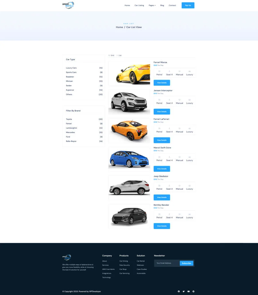 Speedy Rentals Car Listing Page List View