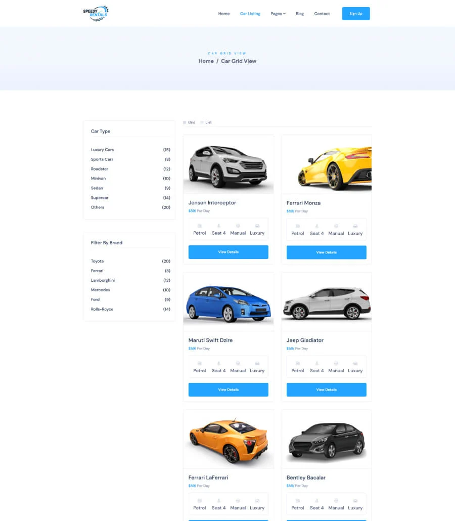 Speedy Rentals Car Listing Page Grid View