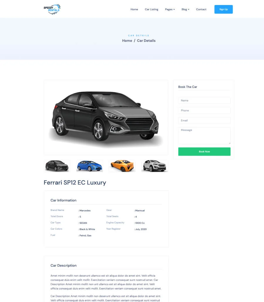 Speedy Rentals Car Details Page