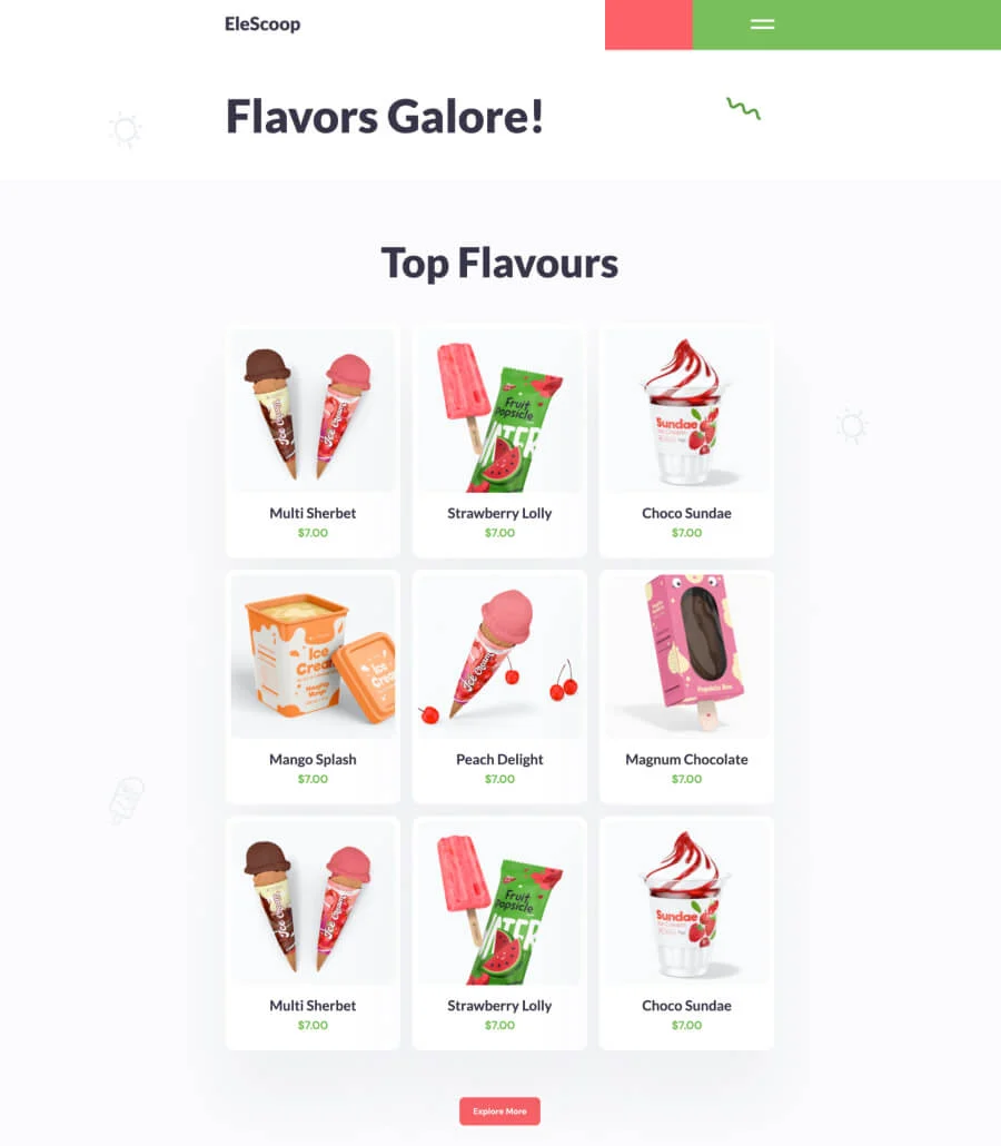 冰激凌店Elementor网站模板_一键导入快速建站插图2-WP资源海 EleScoop Product Page
