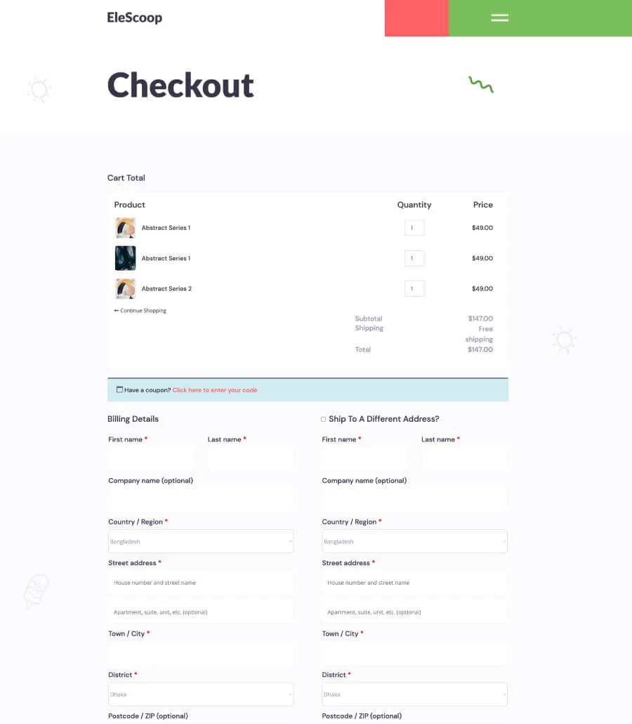 冰激凌店Elementor网站模板_一键导入快速建站插图5-WP资源海 EleScoop Checkout Page