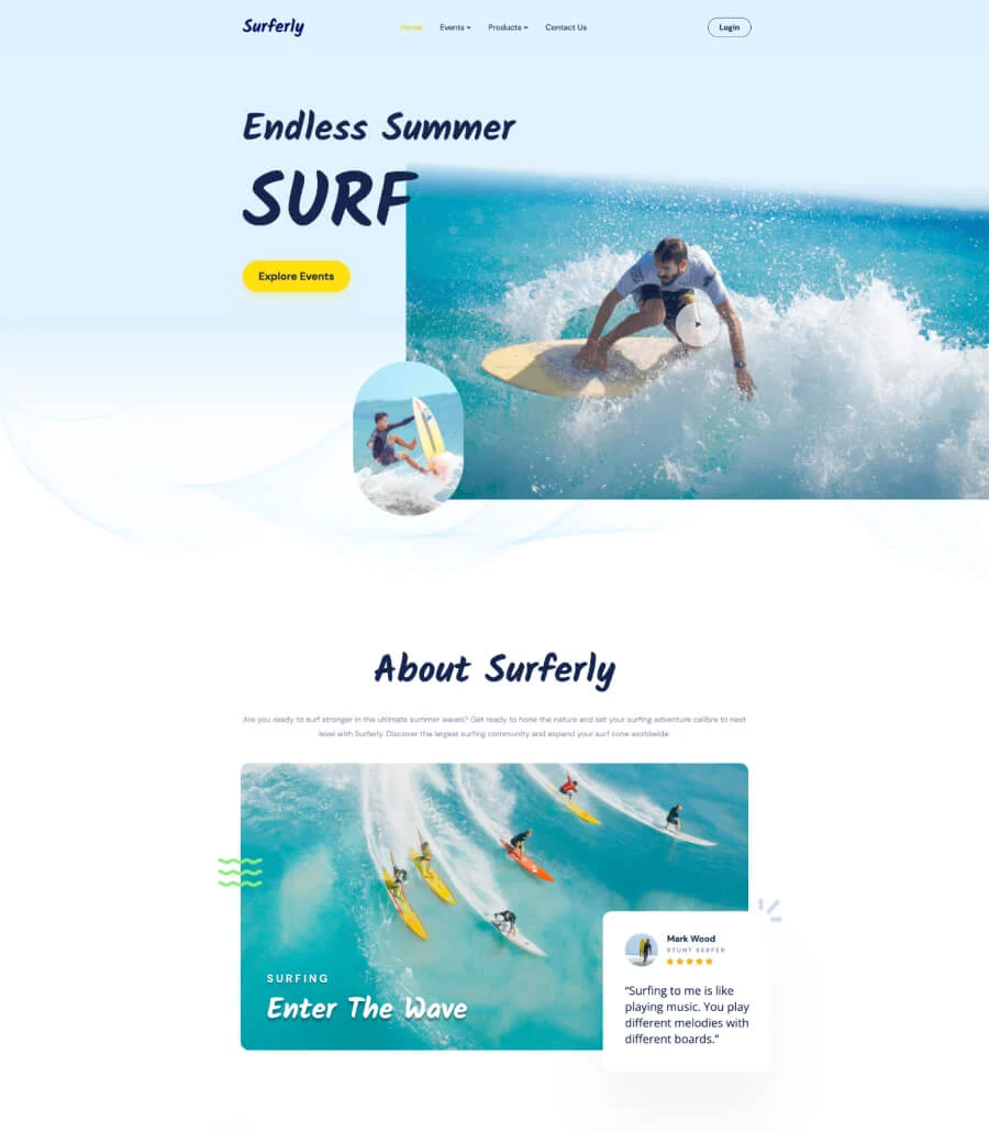 冲浪活动Gutenberg网站模板_一键导入快速建站插图1-WP资源海 Surferly Home Page For Gutenberg