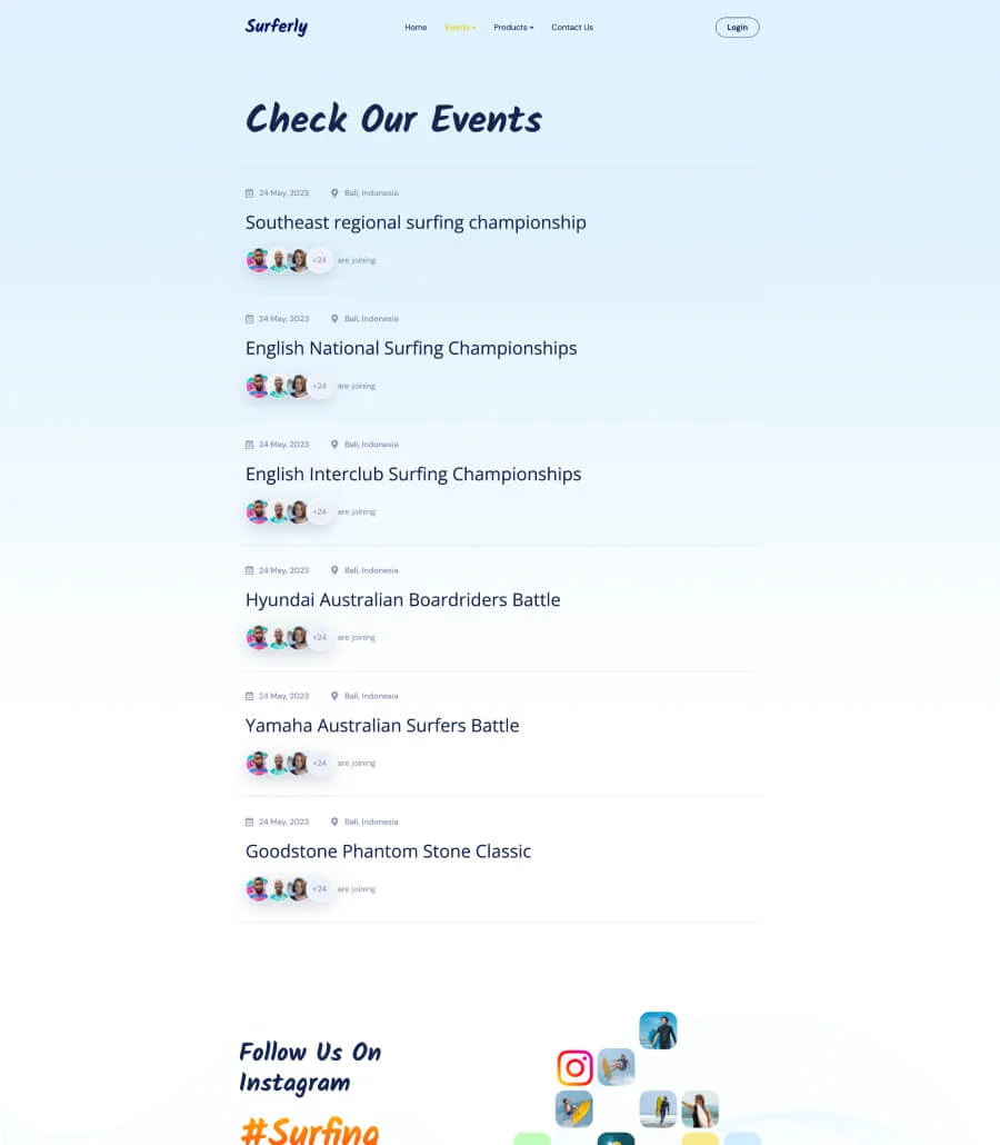 冲浪活动Gutenberg网站模板_一键导入快速建站插图3-WP资源海 Surferly Events Page For Gutenberg