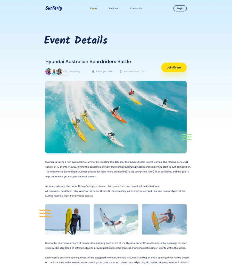 冲浪活动Gutenberg网站模板_一键导入快速建站插图4-WP资源海 Surferly Event Details Page For Gutenberg