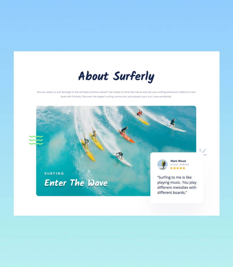 冲浪活动Gutenberg网站模板_一键导入快速建站插图7-WP资源海 Surferly About Section For Gutenberg