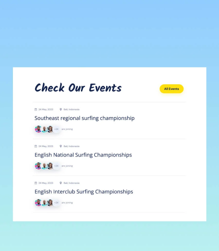 冲浪活动Elementor网站模板_一键导入快速建站插图9-WP资源海 Surferly Events Section