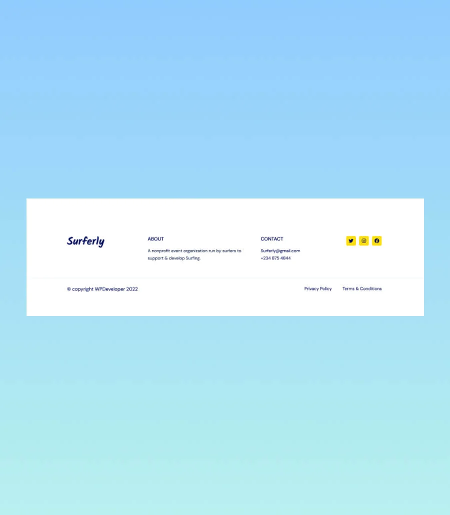 冲浪活动Gutenberg网站模板_一键导入快速建站插图11-WP资源海 Surferly Footer Section For Gutenberg