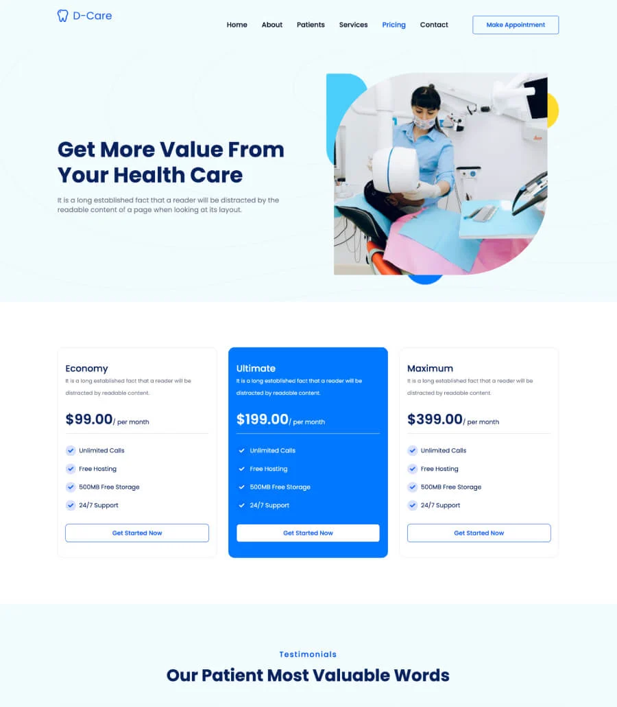 D-Care Pricing Page For Gutenberg