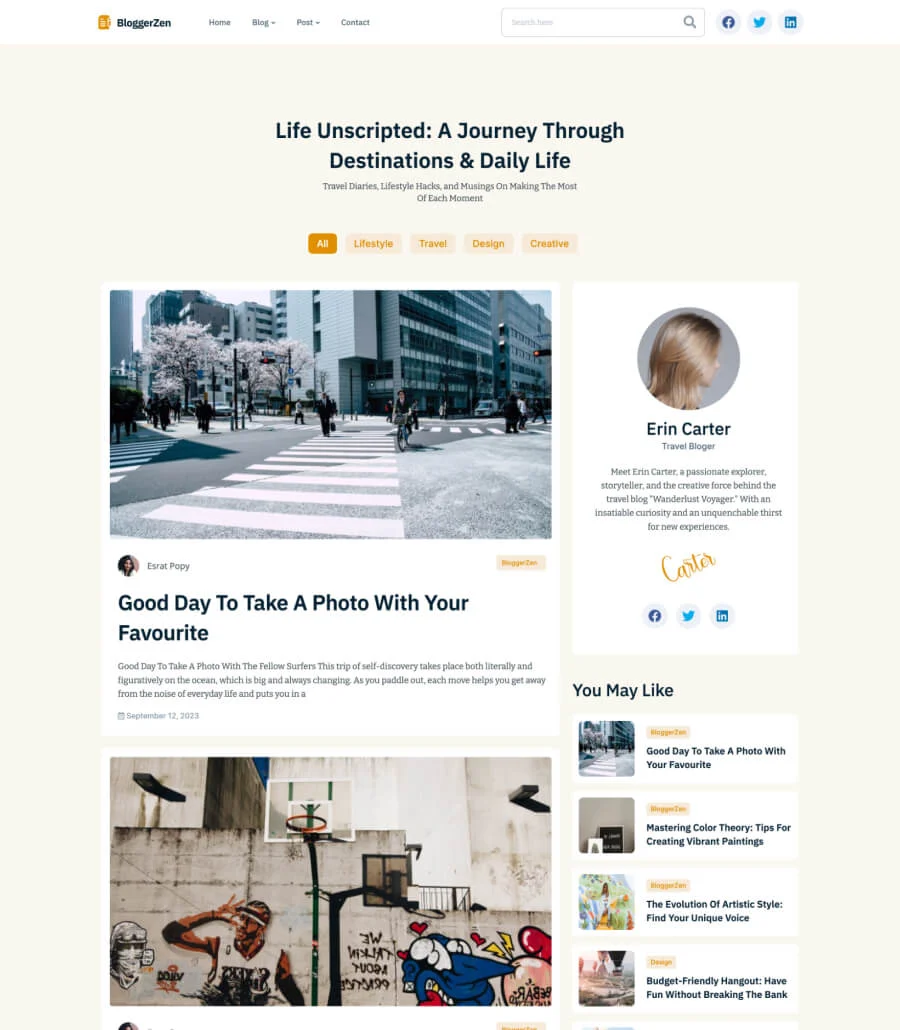 博客Elementor网站模板_一键导入快速建站插图4-WP资源海 BloggerZen Blog Page With Sidebar