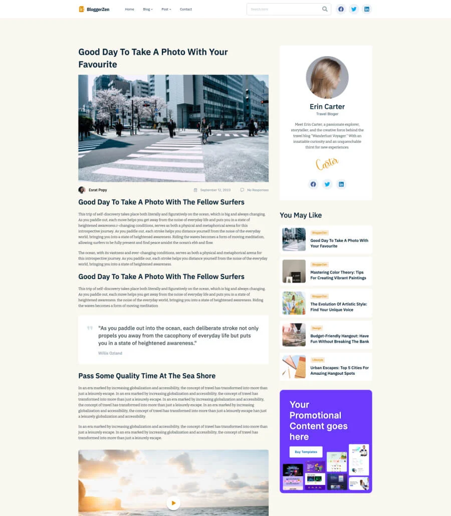 博客Elementor网站模板_一键导入快速建站插图5-WP资源海 BloggerZen Blog Details Page With Sidebar