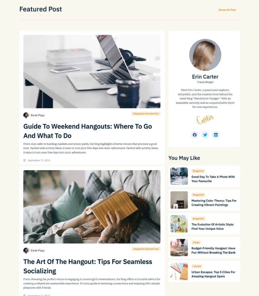 博客Elementor网站模板_一键导入快速建站插图12-WP资源海 BloggerZen Posts With Sidebar Section