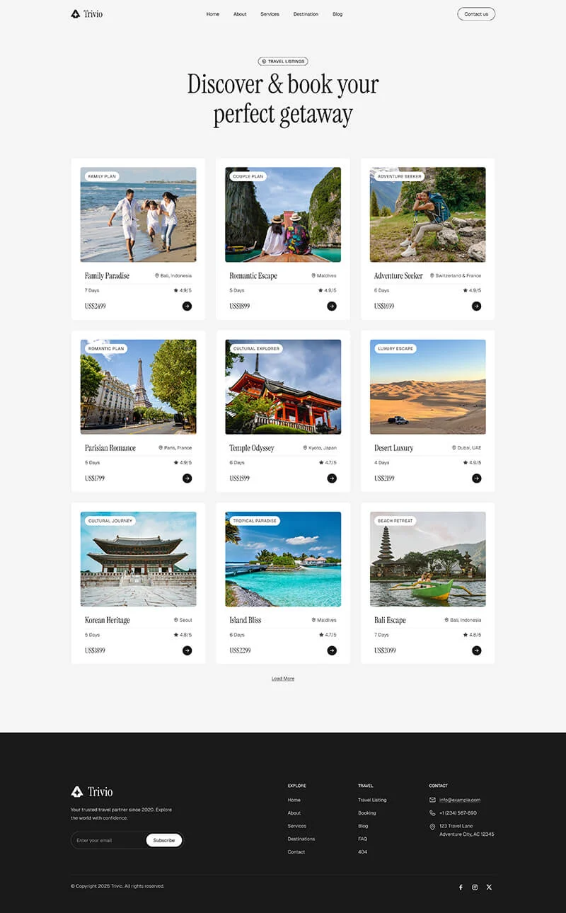 旅行与旅游机构Elementor网站模板_一键导入快速建站插图3-WP资源海 户外/旅行 Elementor 模板旅游列表预览