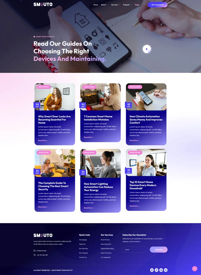 智能门锁与照明系统Elementor网站模板_一键导入快速建站插图2-WP资源海 家居用品 Elementor 模板博客页面预览