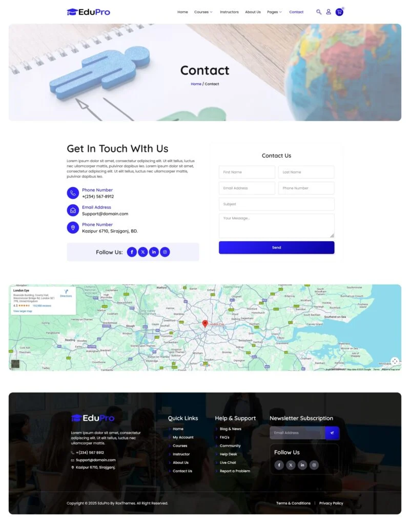 在线课程平台Elementor网站模板_一键导入快速建站插图4-WP资源海 教育/培训 Elementor 模板联系页面预览