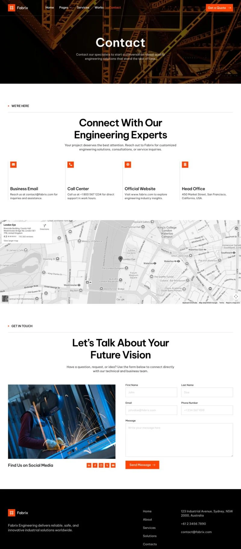 制造业企业Elementor网站模板_一键导入快速建站插图4-WP资源海 制造业 Elementor 模板联系页面预览