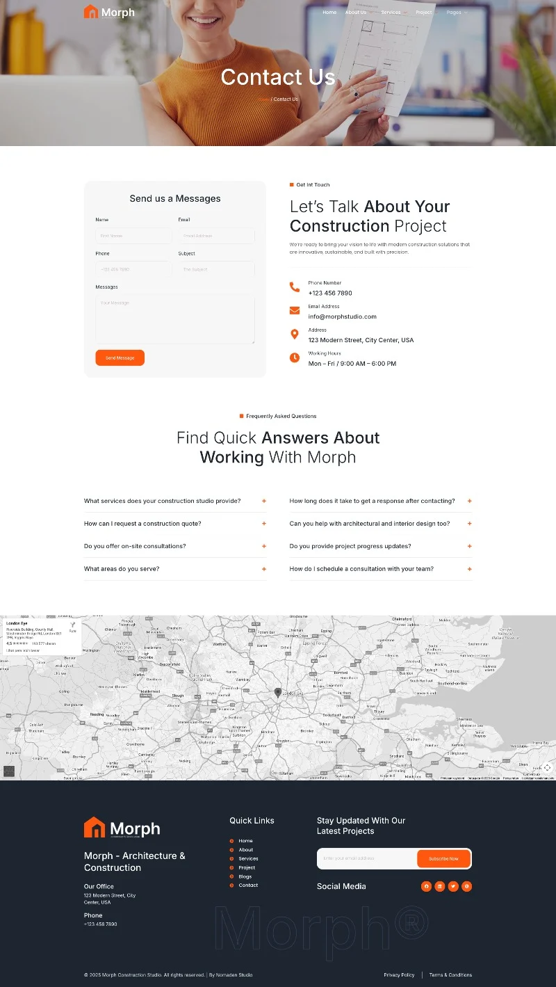 建筑设计工程Elementor网站模板_一键导入快速建站插图1-WP资源海 建筑/地产 Elementor 模板联系页面预览