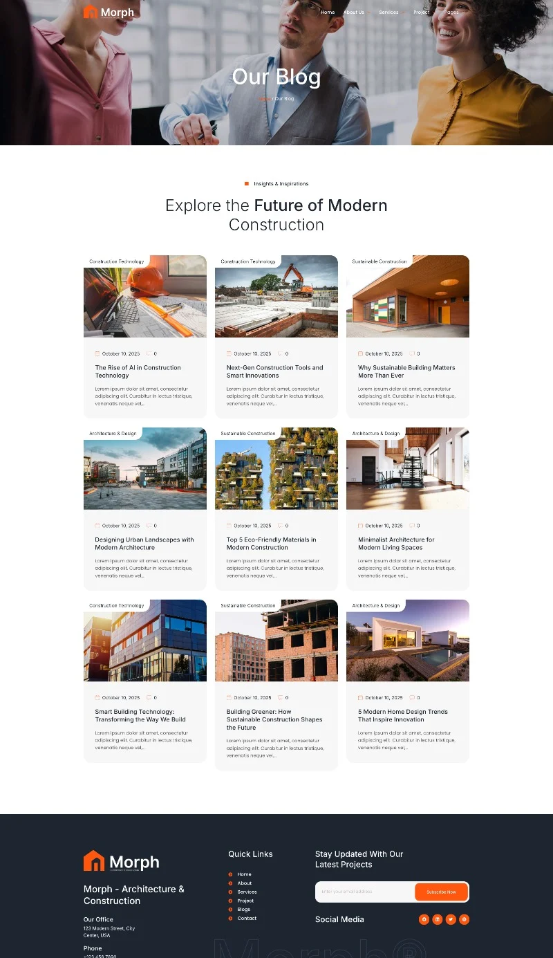 建筑设计工程Elementor网站模板_一键导入快速建站插图2-WP资源海 建筑/地产 Elementor 模板博客页面预览