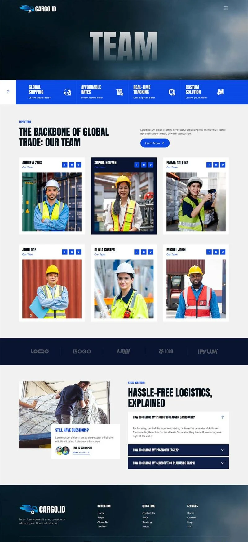 物流/运输 Elementor 模板团队页面预览