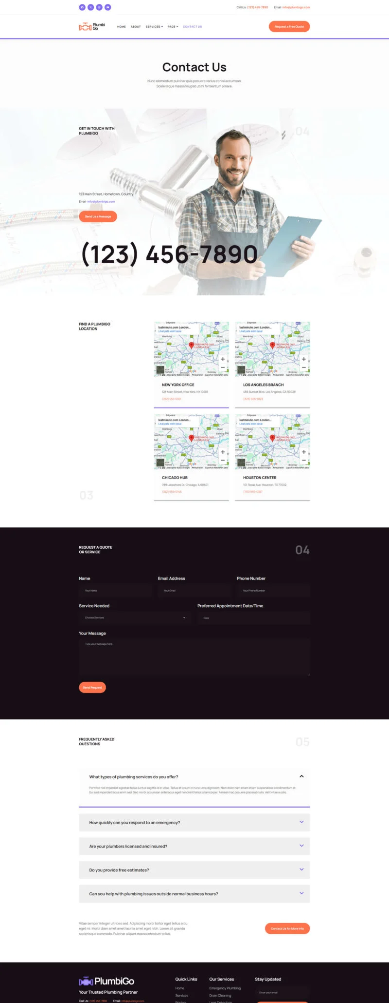 水管工上门服务Elementor网站模板_一键导入快速建站插图4-WP资源海 维修 Elementor 模板联系页面预览