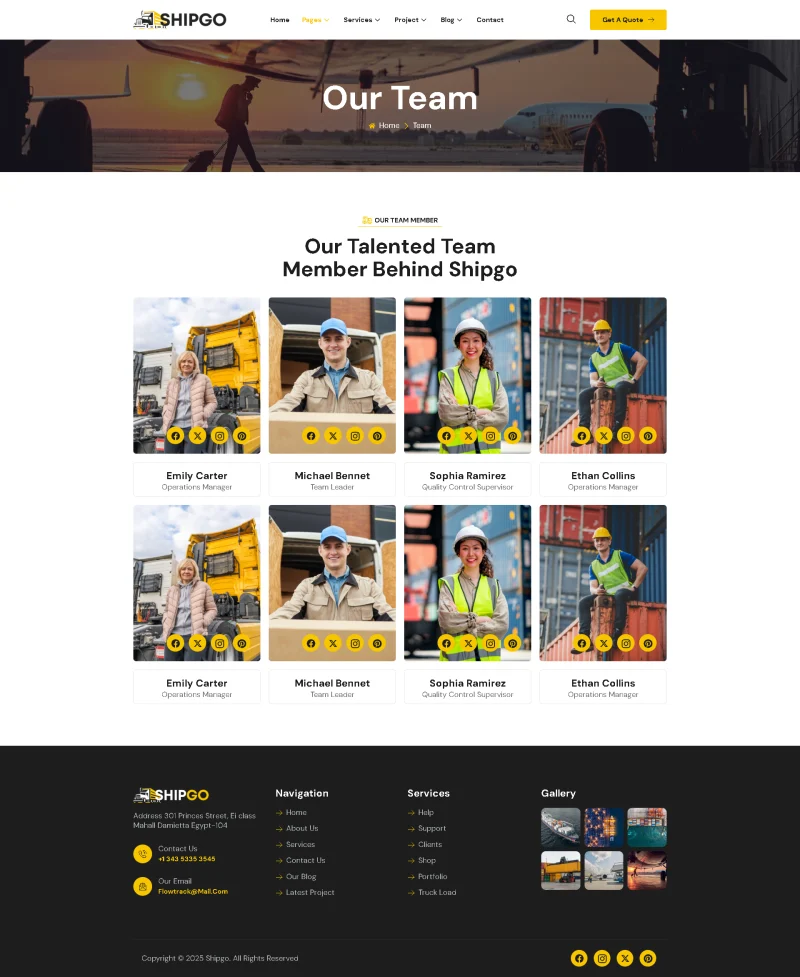 物流/运输 Elementor 模板团队页面预览