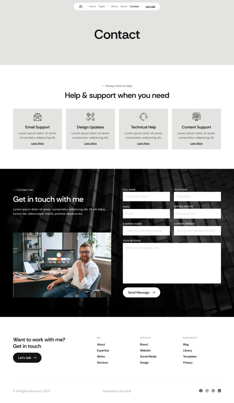创意作品集Elementor网站模板_一键导入快速建站插图4-WP资源海 个人 Elementor 模板联系页面预览