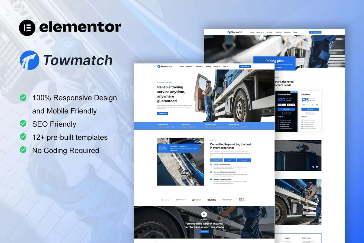 拖车服务Elementor网站模板_一键导入快速建站插图-WP资源海 交通工具 Elementor 网站模板封面
