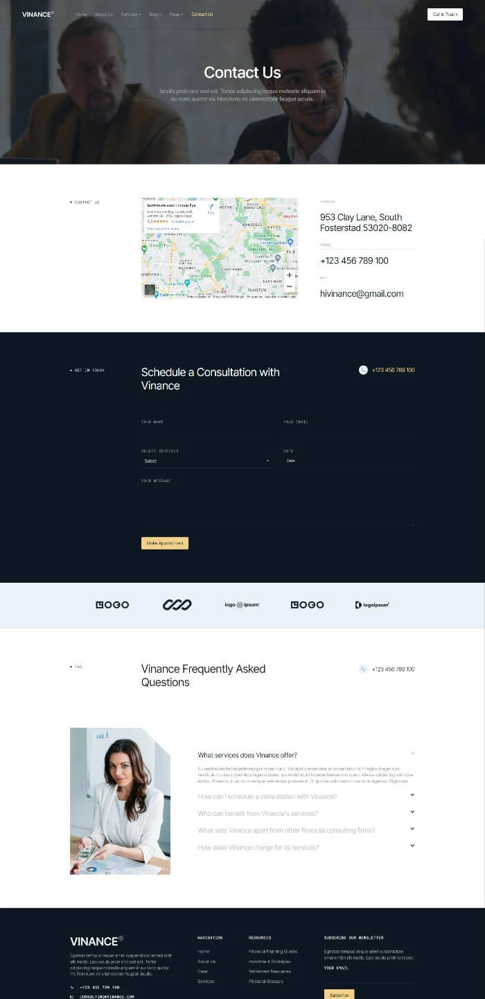 金融咨询服务Elementor网站模板_一键导入快速建站插图6-WP资源海 服务/咨询 Elementor 模板联系页面预览