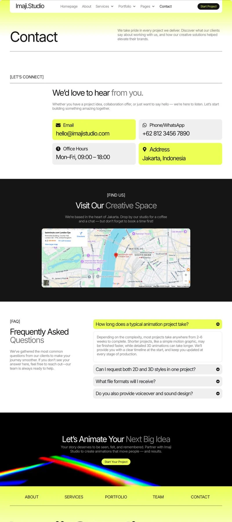 影视动画制作Elementor网站模板_一键导入快速建站插图1-WP资源海 艺术/设计 Elementor 模板联系页面预览