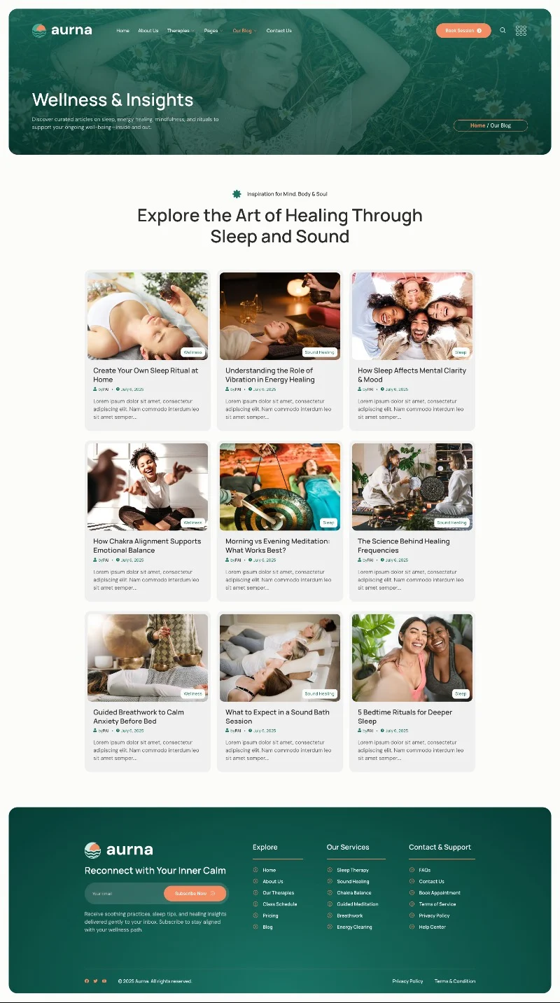 睡眠与声音疗愈Elementor网站模板_一键导入快速建站插图4-WP资源海 健康/医药 Elementor 模板博客页面预览