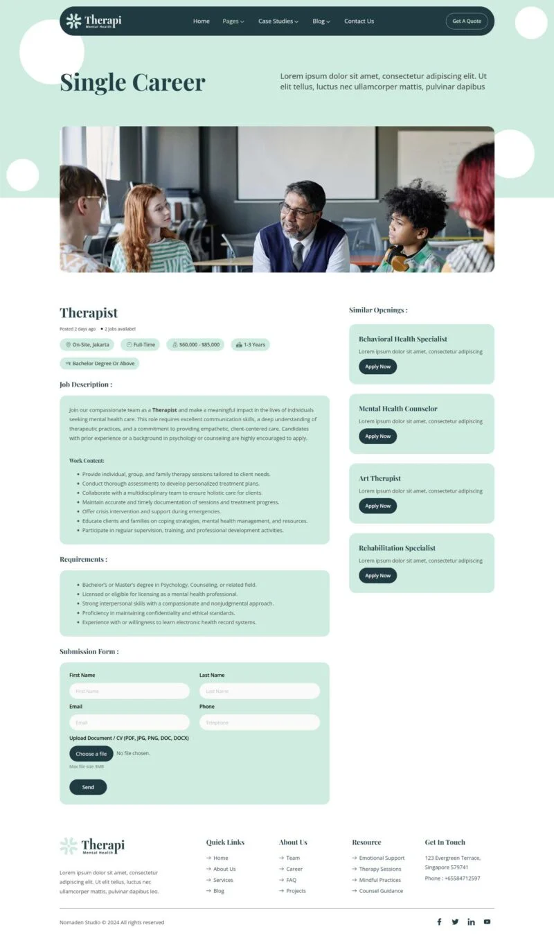 心理健康服务Elementor网站模板_一键导入快速建站插图4-WP资源海 健康/医药 Elementor 模板招聘详情预览